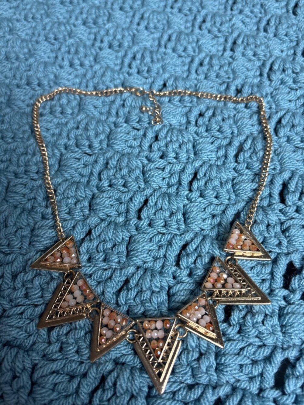 Goldtone Geometric Triangle Necklace Orange White Faceted Glass Beads 16 - 18 in